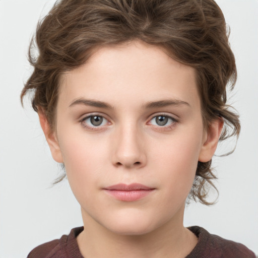 Neutral white young-adult female with medium  brown hair and grey eyes