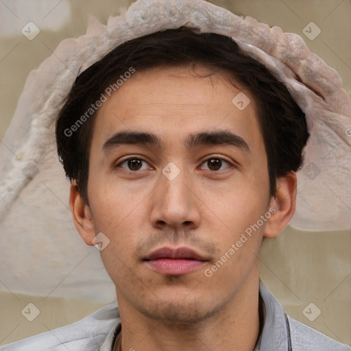 Neutral white young-adult male with short  brown hair and brown eyes