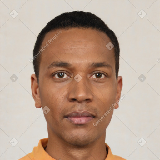 Neutral latino young-adult male with short  black hair and brown eyes
