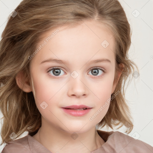 Neutral white child female with medium  brown hair and blue eyes