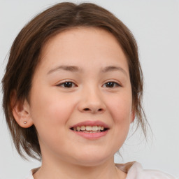 Joyful white child female with medium  brown hair and brown eyes