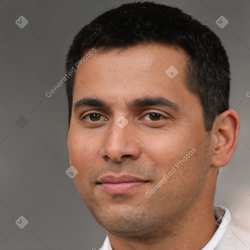Neutral white young-adult male with short  black hair and brown eyes