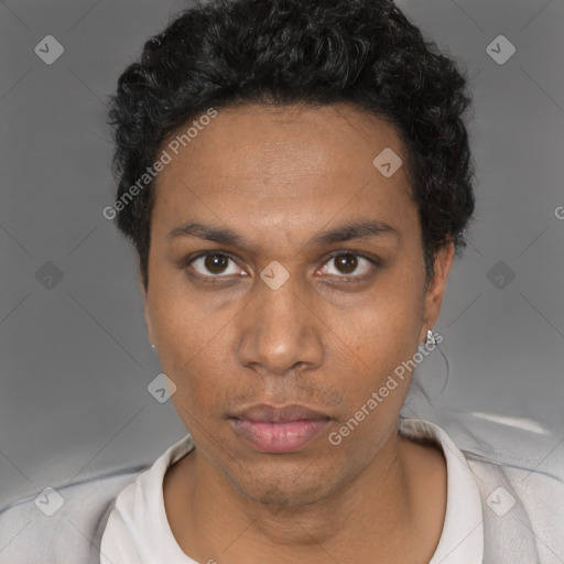 Neutral black adult male with short  black hair and brown eyes