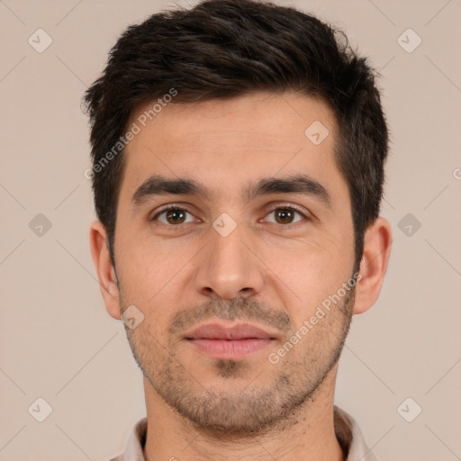 Neutral white young-adult male with short  brown hair and brown eyes