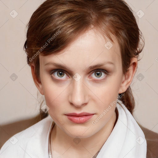 Joyful white young-adult female with medium  brown hair and blue eyes