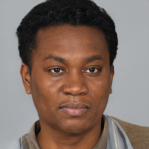 Neutral black young-adult male with short  black hair and brown eyes