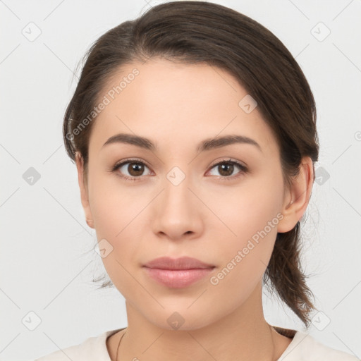 Neutral white young-adult female with medium  brown hair and brown eyes