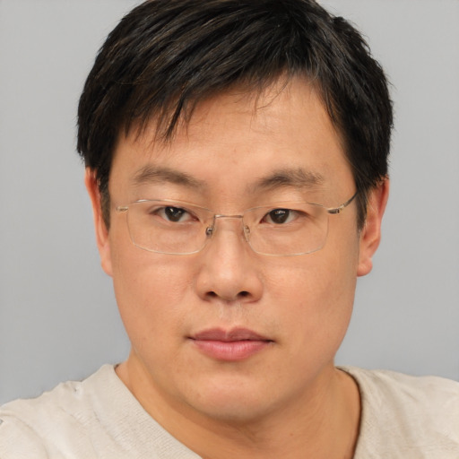 Neutral asian adult male with short  brown hair and brown eyes