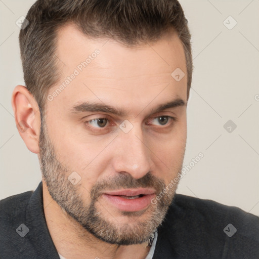 Neutral white adult male with short  brown hair and brown eyes