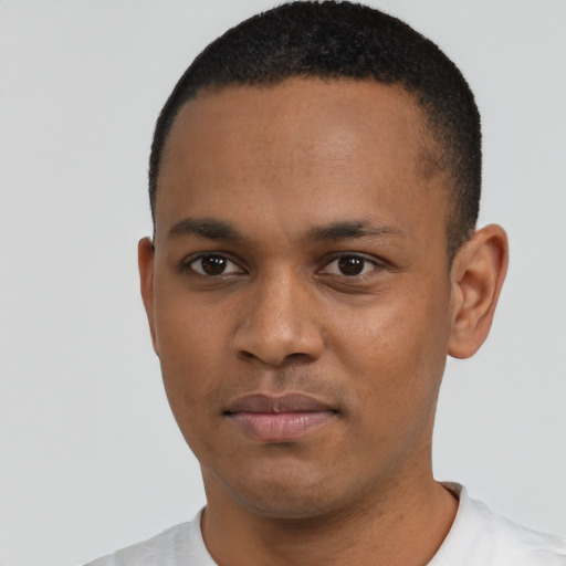 Neutral black young-adult male with short  black hair and brown eyes