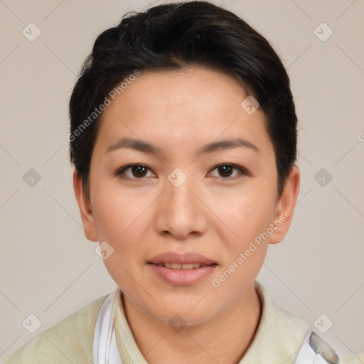 Joyful asian young-adult female with short  black hair and brown eyes