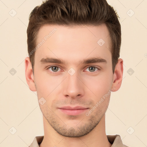 Neutral white young-adult male with short  brown hair and brown eyes