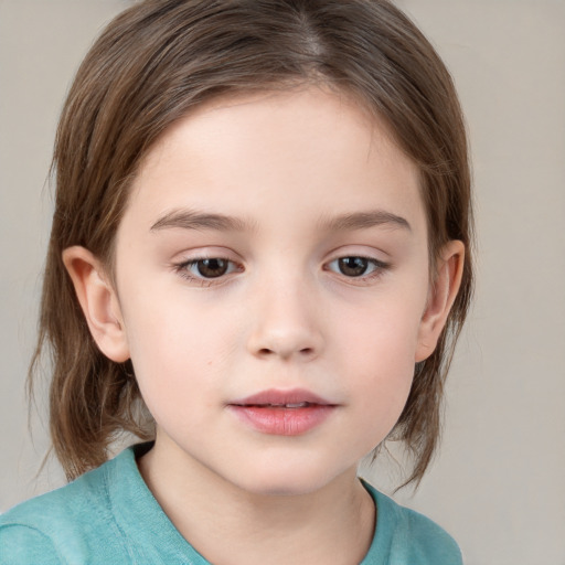 Neutral white child female with medium  brown hair and grey eyes