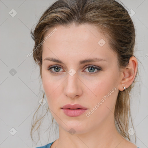 Neutral white young-adult female with medium  brown hair and grey eyes