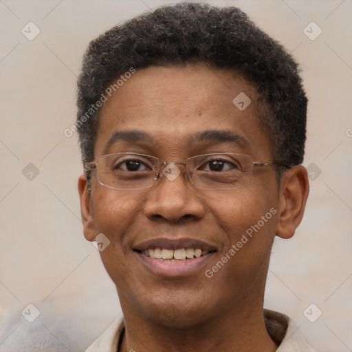 Joyful black adult male with short  brown hair and brown eyes