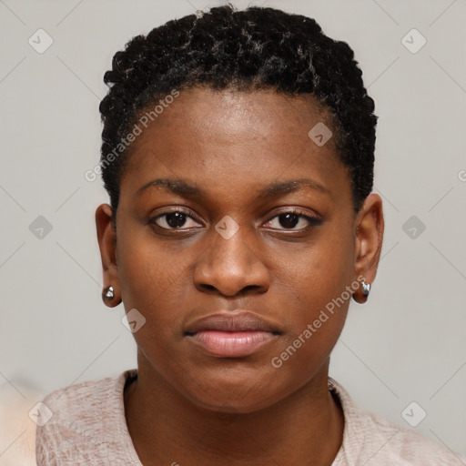 Neutral black young-adult female with short  brown hair and brown eyes