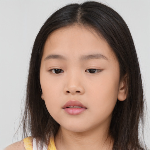 Neutral asian child female with long  brown hair and brown eyes