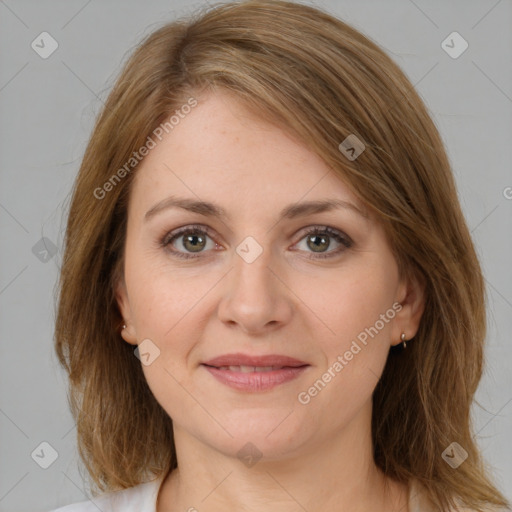 Joyful white young-adult female with medium  brown hair and green eyes