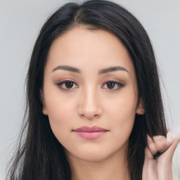 Neutral asian young-adult female with long  brown hair and brown eyes