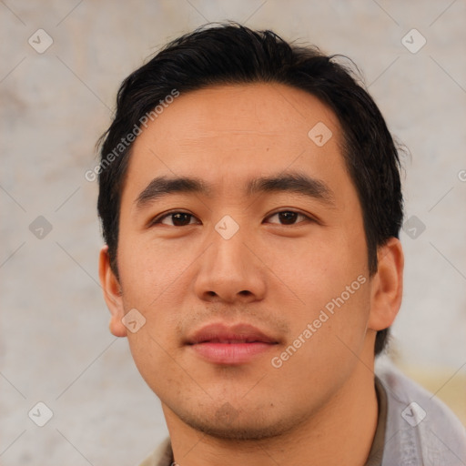 Neutral asian young-adult male with short  black hair and brown eyes