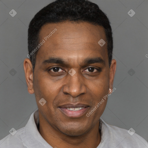 Joyful black adult male with short  black hair and brown eyes