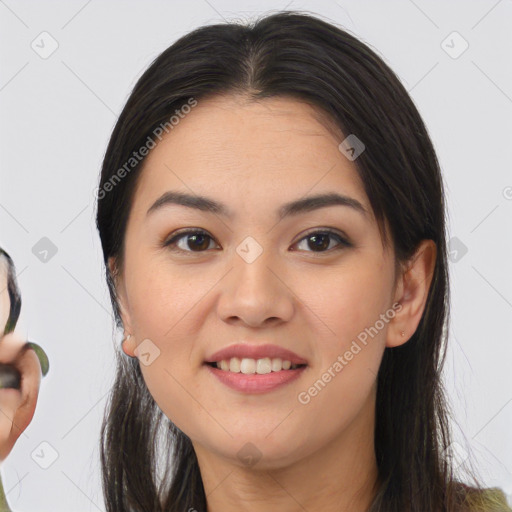 Joyful white young-adult female with long  brown hair and brown eyes