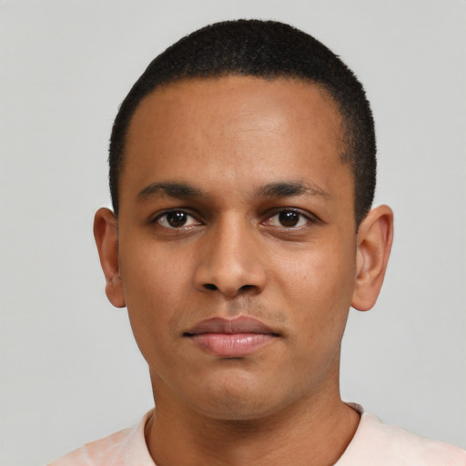Neutral black young-adult male with short  black hair and brown eyes