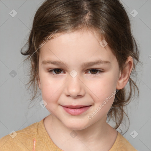 Joyful white child female with medium  brown hair and brown eyes