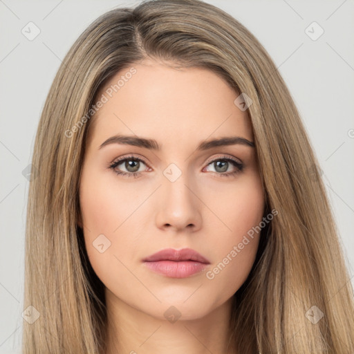 Neutral white young-adult female with long  brown hair and brown eyes