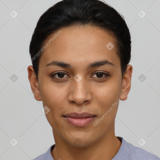 Joyful latino young-adult female with short  black hair and brown eyes