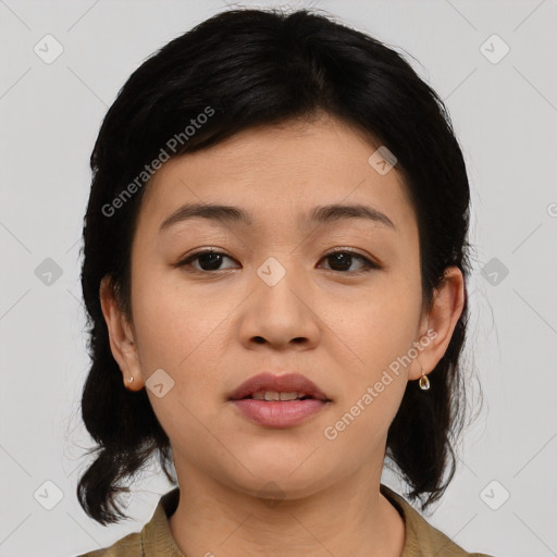 Neutral asian young-adult female with medium  black hair and brown eyes