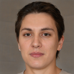 Neutral white young-adult female with short  brown hair and brown eyes