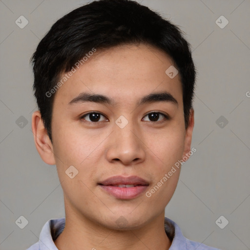 Neutral asian young-adult male with short  brown hair and brown eyes