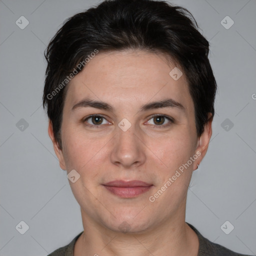 Joyful white young-adult female with short  brown hair and brown eyes