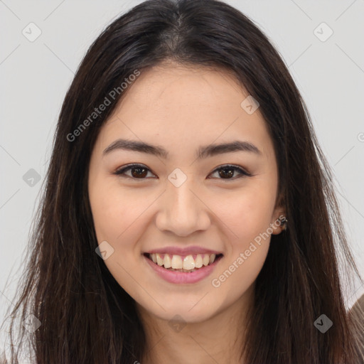 Joyful white young-adult female with long  brown hair and brown eyes