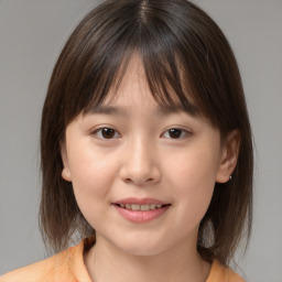 Joyful white child female with medium  brown hair and brown eyes