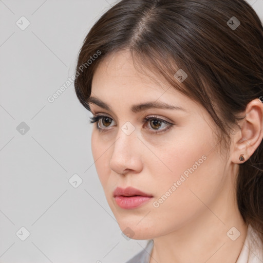 Neutral white young-adult female with medium  brown hair and brown eyes