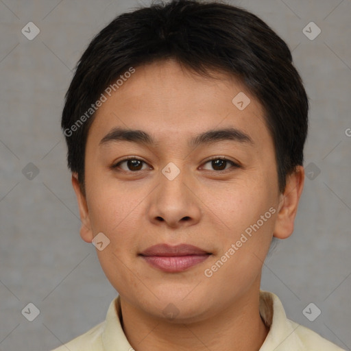 Joyful asian young-adult female with short  brown hair and brown eyes