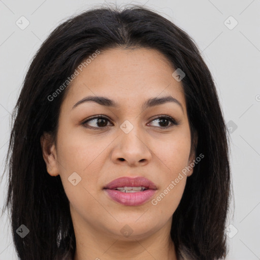 Joyful asian young-adult female with long  brown hair and brown eyes