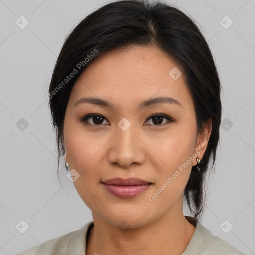 Joyful asian young-adult female with medium  black hair and brown eyes