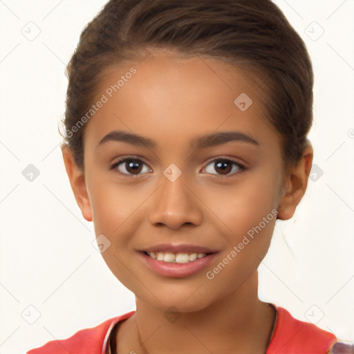 Joyful white child female with short  brown hair and brown eyes