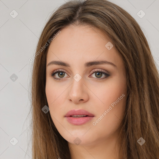 Neutral white young-adult female with long  brown hair and brown eyes