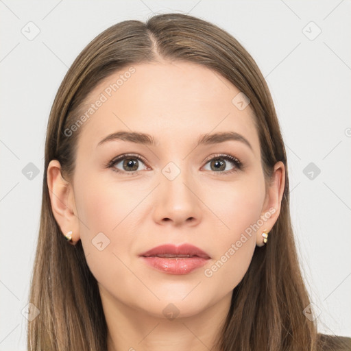 Neutral white young-adult female with long  brown hair and brown eyes