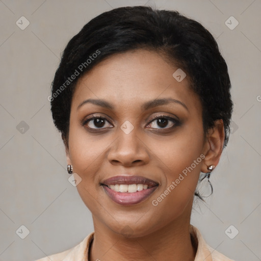 Joyful latino young-adult female with medium  brown hair and brown eyes