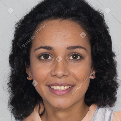 Joyful latino young-adult female with long  brown hair and brown eyes