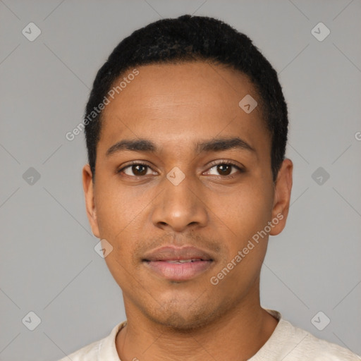 Neutral latino young-adult male with short  black hair and brown eyes