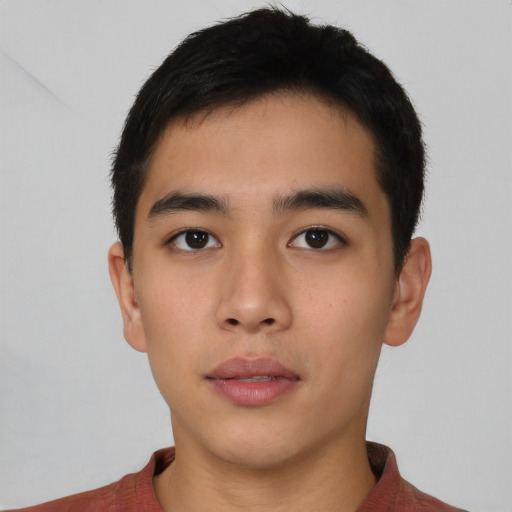 Neutral asian young-adult male with short  black hair and brown eyes