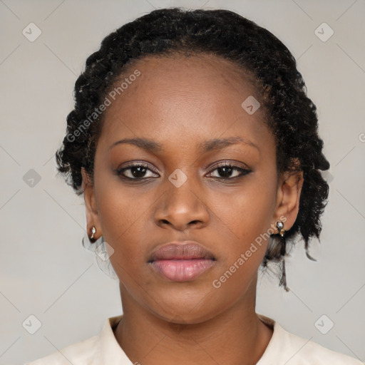 Neutral black young-adult female with short  black hair and brown eyes