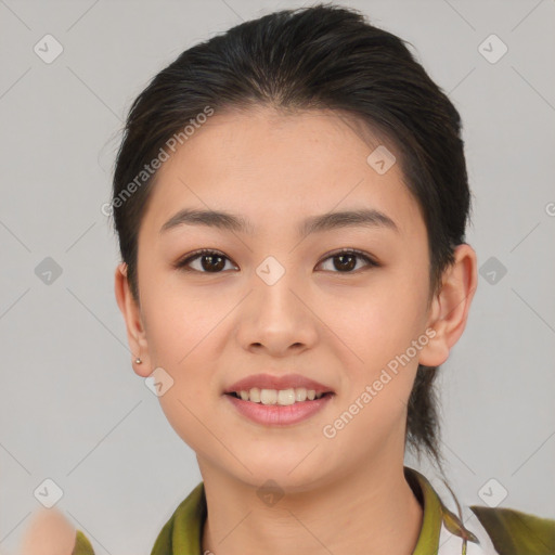 Joyful white young-adult female with medium  brown hair and brown eyes