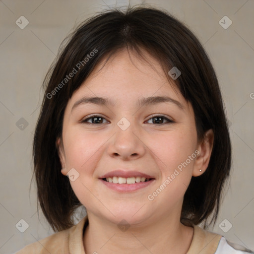 Joyful white child female with medium  brown hair and brown eyes